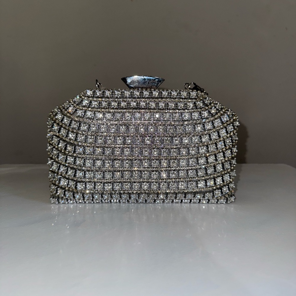 Silver Rhinestone Clutch with Metallic Clasp